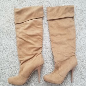 Tan Faux Suede Knee High Stiletto Boots Size 8